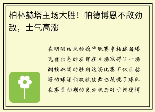 柏林赫塔主场大胜!帕德博恩不敌劲敌,士气高涨