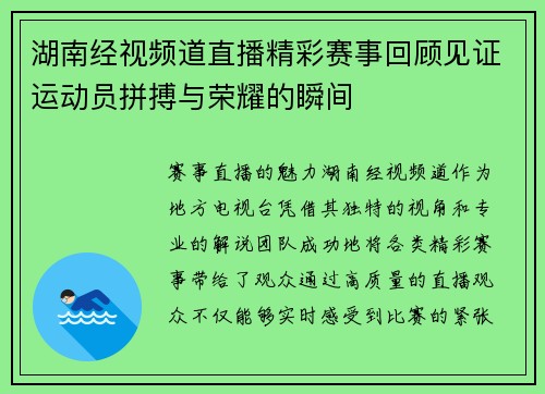 湖南经视频道直播精彩赛事回顾见证运动员拼搏与荣耀的瞬间