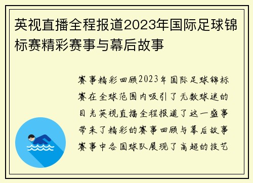 英视直播全程报道2023年国际足球锦标赛精彩赛事与幕后故事